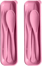 Pink Utensil set Travel Silverware with Case, 2 Sets Reusable Utensils Set with Case, Wheat Straw Utensils for Lunch Box Accessories, Camping Utensils for Work Lunch or Daily Use (Pink)