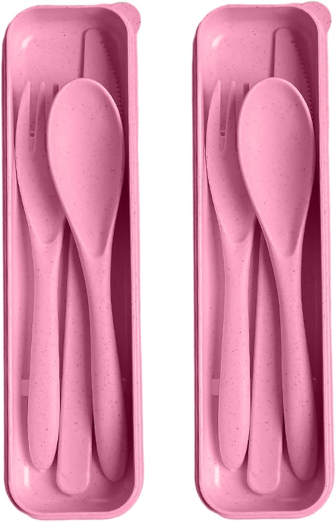Pink Utensil set Travel Silverware with Case, 2 Sets Reusable Utensils Set with Case, Wheat Straw Utensils for Lunch Box Accessories, Camping Utensils for Work Lunch or Daily Use (Pink)
