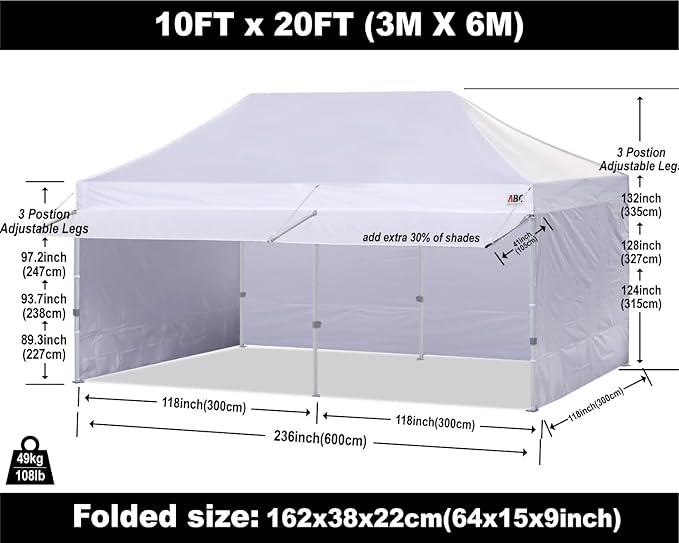 ABCCANOPY 10x20 Pop up Canopy Tent with Sidewalls - Easy up Canopies with Awning, Outdoor Tents for Parties, Market, Commercial Events, White
