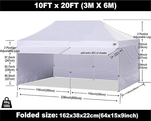 ABCCANOPY 10x20 Pop up Canopy Tent with Sidewalls - Easy up Canopies with Awning, Outdoor Tents for Parties, Market, Commercial Events, White