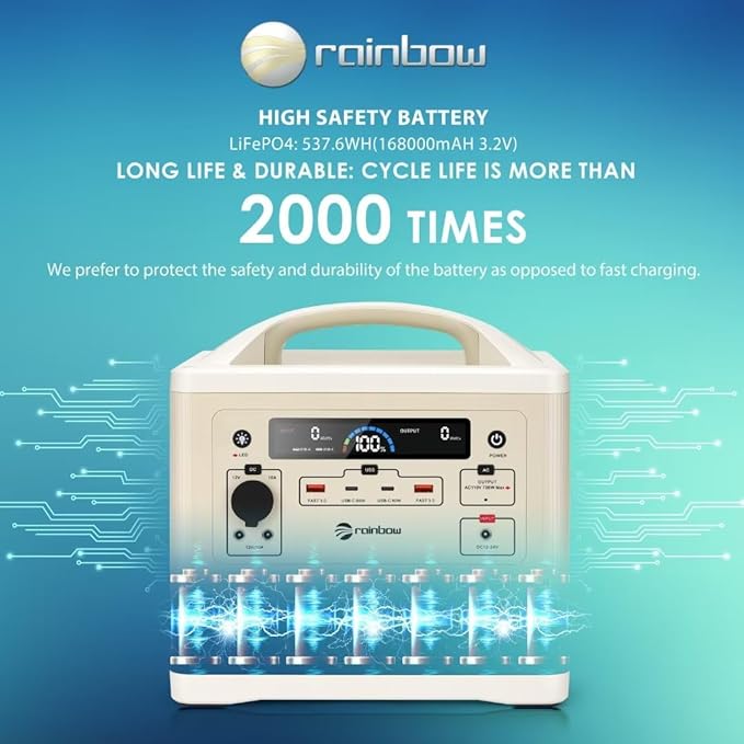 RAINBOW Portable Power Station 700W, 537Wh Backup LiFePO4 Battery, Solar Generator for Outdoor Camping, 3 x 110V/700W(Peak 1400W) AC Outlets, Quick Charge for Home, Hiking
