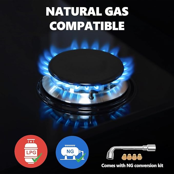Gas Stove Top 4 Burner, Propane Gas Cooktop, LPG/NG Dual Fuel Convertible Stove Top with Thermocouple Protection, Built-in/Countertop