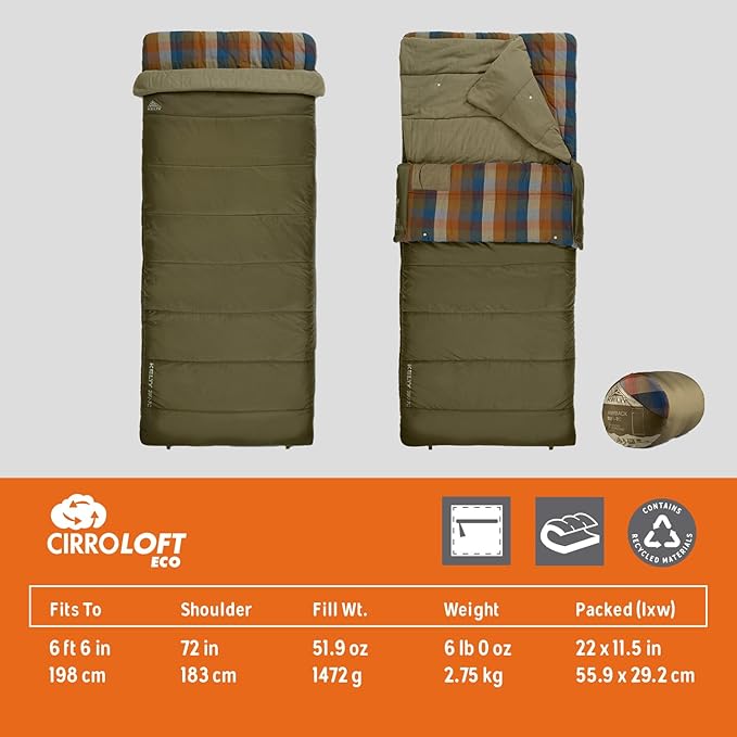 Kelty Wayback Flannel Lined Sleeping Bag, Built in Blanket, Traditional Rectangle Shape, Organic Flannel Cotton Liner, Dual Locking Slide Zips