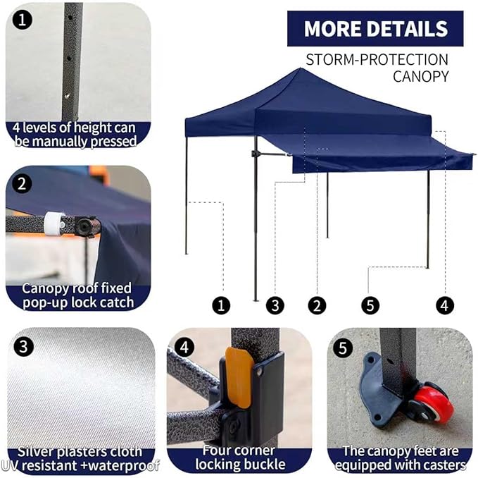 Pop up Canopy Tent with Awning Easy up Canopy with Wheel Bag Heavy Duty Waterproof Canopy Commercial Gazebo Tent for Outdoors Parties Vendors (Navy Blue)