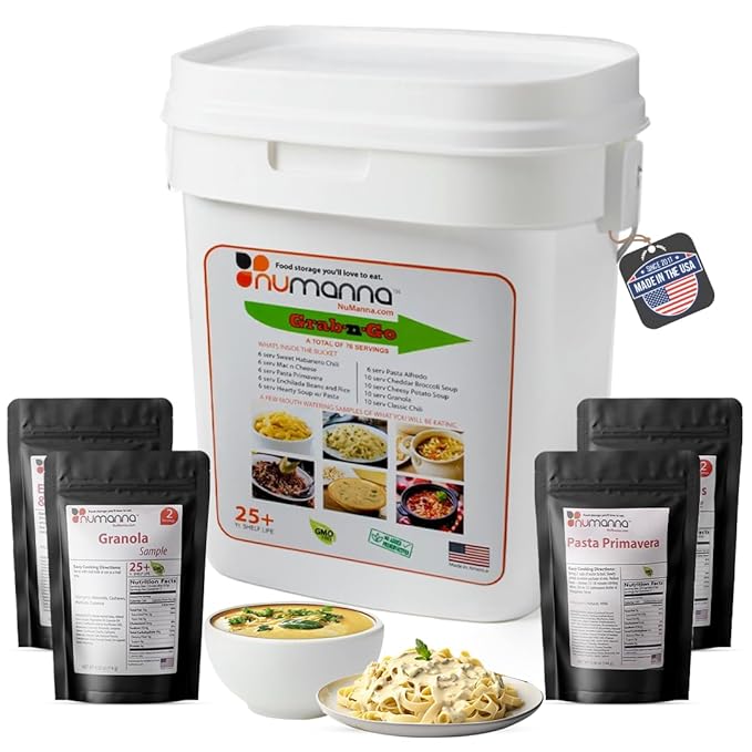 Numanna Grab-n-Go Bucket – 80 Servings, 12 lbs | Freeze-Dried Premade Meals | Ready-to-Eat Breakfast & Dinner | Non-Perishable, 25+ Year Shelf Life | Emergency & Survival Food Kit | Made in USA | Pack of 1