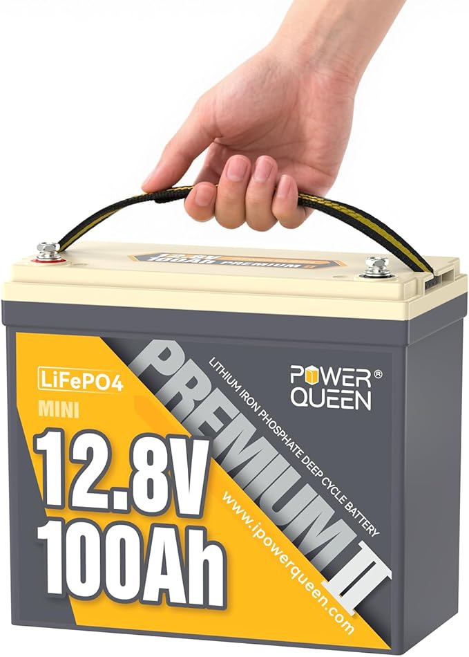 Power Queen 12V 100Ah MINI LiFePO4 Lithium Battery, Deep Cycle Battery with Upgraded 100A BMS, Max 1280W Energy, Up to 15000 Cycles & 10-Year Lifespan for RV, Solar, Trolling Motor & Camping