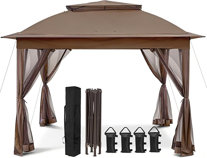 COOS BAY Pop up Gazebo 11x11, Instant Canopy Tent with Mesh Netting, Patio Gazebo with 121 Square Feet of Shade, 4 Weight Bags Included, Brown