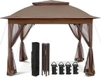COOS BAY Pop up Gazebo 11x11, Instant Canopy Tent with Mesh Netting, Patio Gazebo with 121 Square Feet of Shade, 4 Weight Bags Included, Brown
