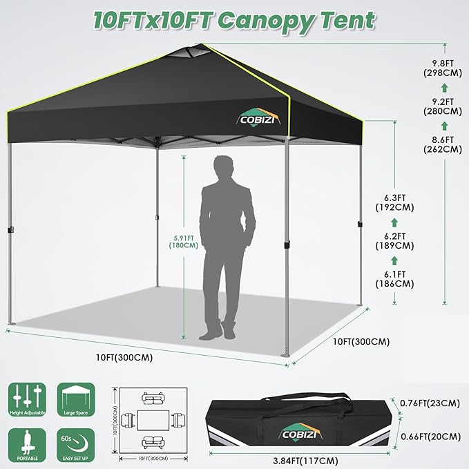 COBIZI 10x10 Pop Up Canopy One Push Party Tent with Air Vent Waterproof Commercial Outdoor Patio Gazebo for Parties Camping Shade Events Garden, 3 Adjustable Height, Carry Bag, Sandbag, Stakes, Black