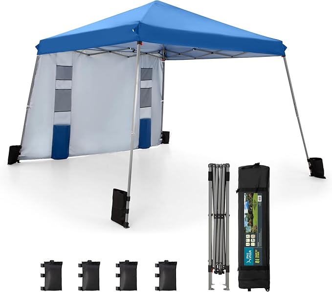 Sophia & William Canopy Tent Pop Up 12x12ft Base/9x9ft Top Easy Set Up Tent Slant Legs, Outdoor Canopies Shelter with 1 Sidewall & 4 Sandbags, 1 Roller Bag & Storage Bag, 8 Stakes & 4 Guy Ropes UPF50+