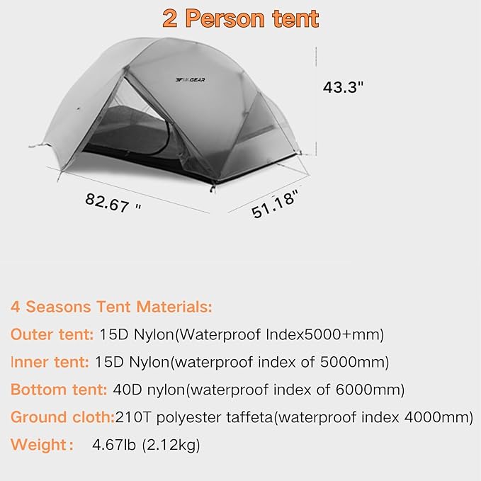 3F UL Gear Waterproof 1/2Person Camping Tent, Windproof Outdoor 3/4Seasons Tent, Portable Camping & Hiking Tent Shelter for Backpacking