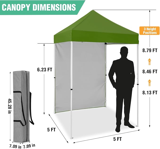 5x5 Pop Up Canopy Tent with One Sidewall, Instant Portable Beach Canopy, Outdoor Tent with Carry Bag for Camping, Sports, Tailgating, Events, Grass Green