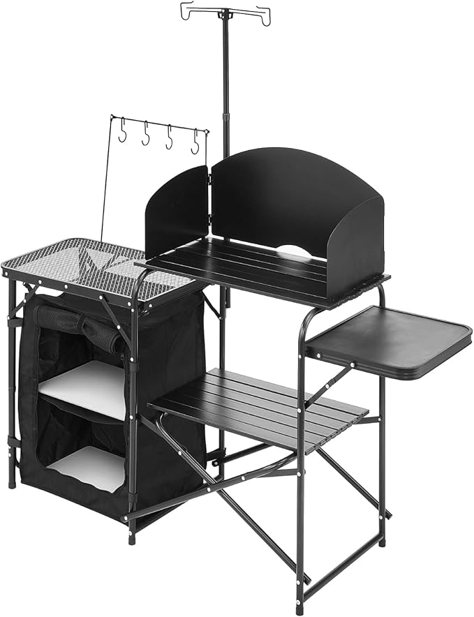 VEVOR Camping Kitchen Table, Outdoor Camp Cooking Table, Aluminum Portable Cook Station with Storage Cupboard, Carrying Bag, Detachable Windscreen, Quick Set-up for BBQ Party Picnic RV Travel, Black