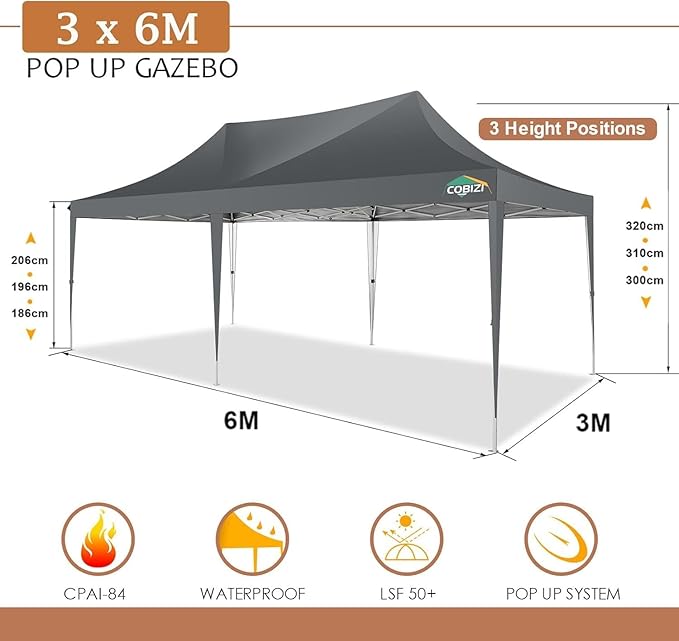 COBIZI 10x20 Pop Up Canopy Tent with Sidewalls, Outdoor Party Tent, Waterproof & UV50+, 3 Adjustable Heights, Higher Frame Design for Parties Backyard, Weddings, Markets, Gray