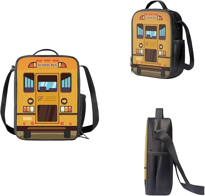 3 Pcs Cartoon School Bus Print Backpack Set with Lunch Bag and Large Capacity Pencil Box, Lightweight Schoolbag for Elementary Kindergarten Students Traveling Camping
