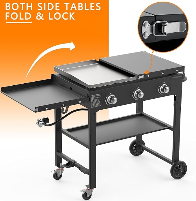 SKOK Foldable Gas Griddle-31.5 Inch Outdoor Propane Griddle, Portable Flat Top Gas Grill -45000 BTU Propane Fuelled, 3 Burners Table Top Griddle Station with Side Shelves