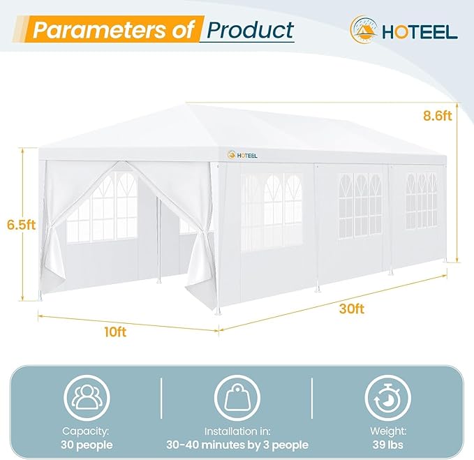 HOTEEL 10x30 Party Tent with 8 Removable Sidewalls for Parties, Weddings, BBQ, Baby Shower, Waterproof Outdoor Event Canopy, Patio Camping Gazebo, Carpas para Fiestas, White