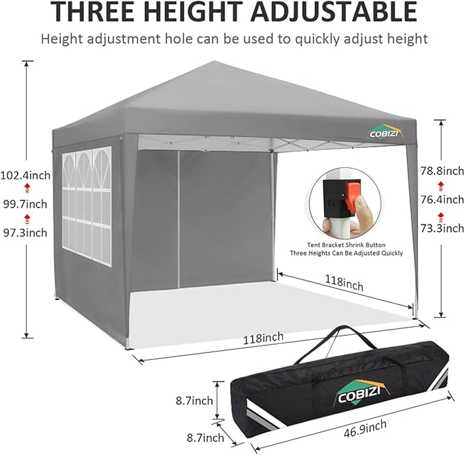 COBIZI 10x10 Pop Up Canopy Tent with 4 Sidewalls, Easy Set Up Canopy 10x10 Waterproof Commercial Outdoor Gazebo Portable Shelter Instant Tents for Parties,Backyard,Flea Market(Carrying Bag×1,Grey