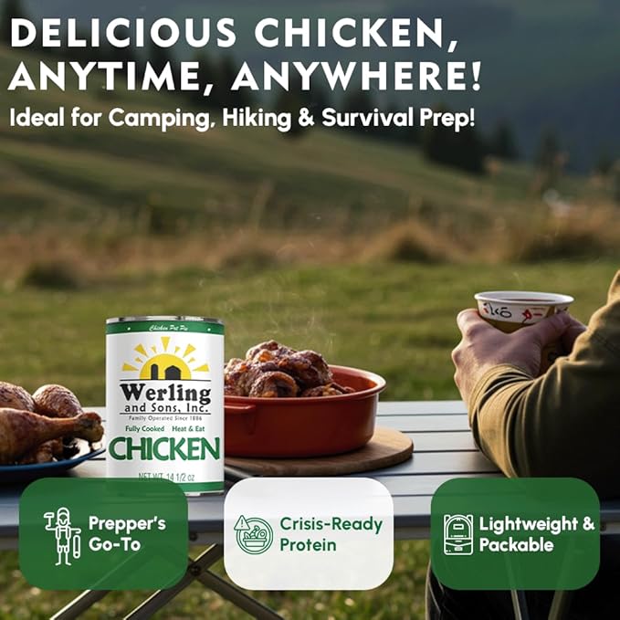 Werling & Sons Canned Chicken 14.5 Oz– Fully Cooked, Ready to Eat | Premium Quality, Recipe-Ready Canned Meat | 5-Year Shelf Life | Pantry Staple for Camping, Survival & Emergency Use | Made in USA | Pack of 12
