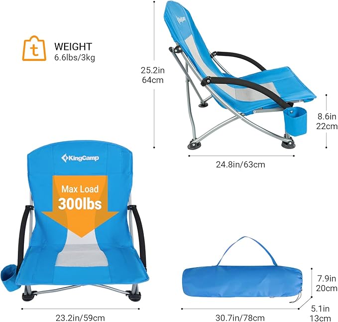 KingCamp Low Beach Chairs, Folding Portable Chair for Adults Lightweight Extra Wide Seat 300lbs Heavy Duty Oversized Backpack, Carry Bag for Camping