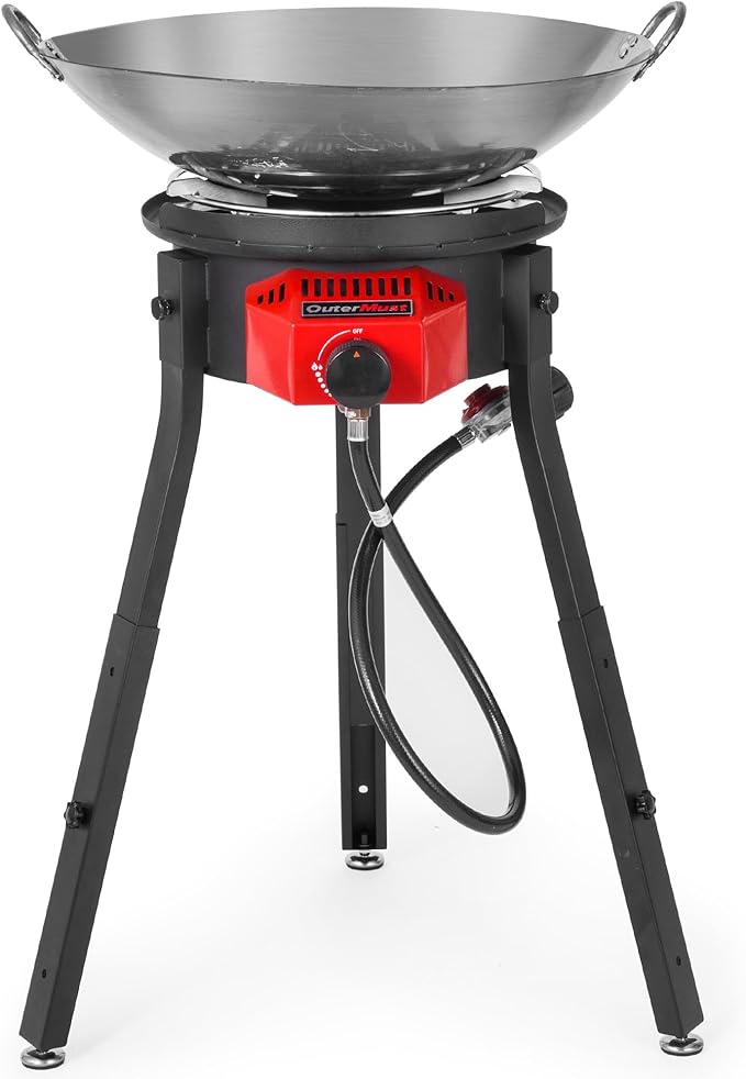 Outdoor Cooker with Iron Wok and Propane Burner, 54,000 BTU High-Pressure Gas Stove for Backyard BBQ, Tailgating & Outdoor Cooking (TC-01)