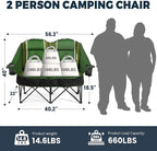 Oversized USLCamping Chair - 2 Person Portable Folding Outdoor Loveseat Heavy Duty Lawn Chairs for Adults with Padded Cushion & Dual Cup Holders, Supports 660LBS for Camping，Sports，Picnic