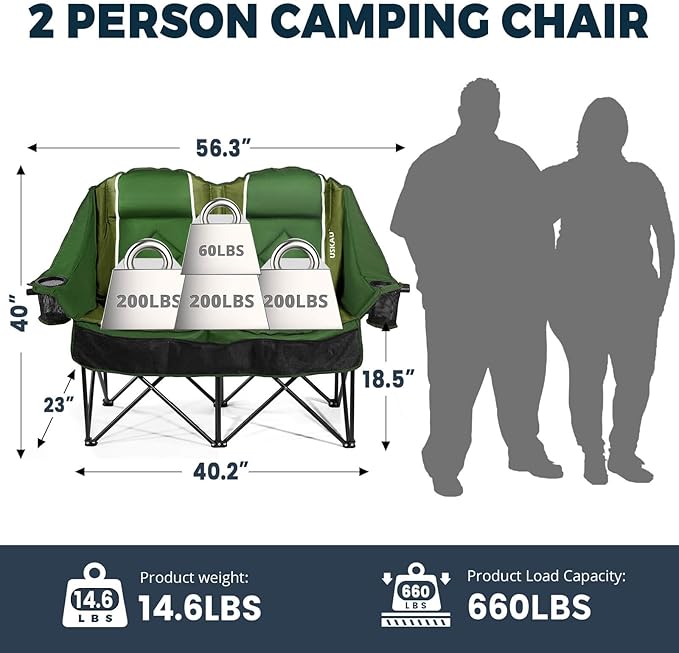 Oversized USLCamping Chair - 2 Person Portable Folding Outdoor Loveseat Heavy Duty Lawn Chairs for Adults with Padded Cushion & Dual Cup Holders, Supports 660LBS for Camping，Sports，Picnic