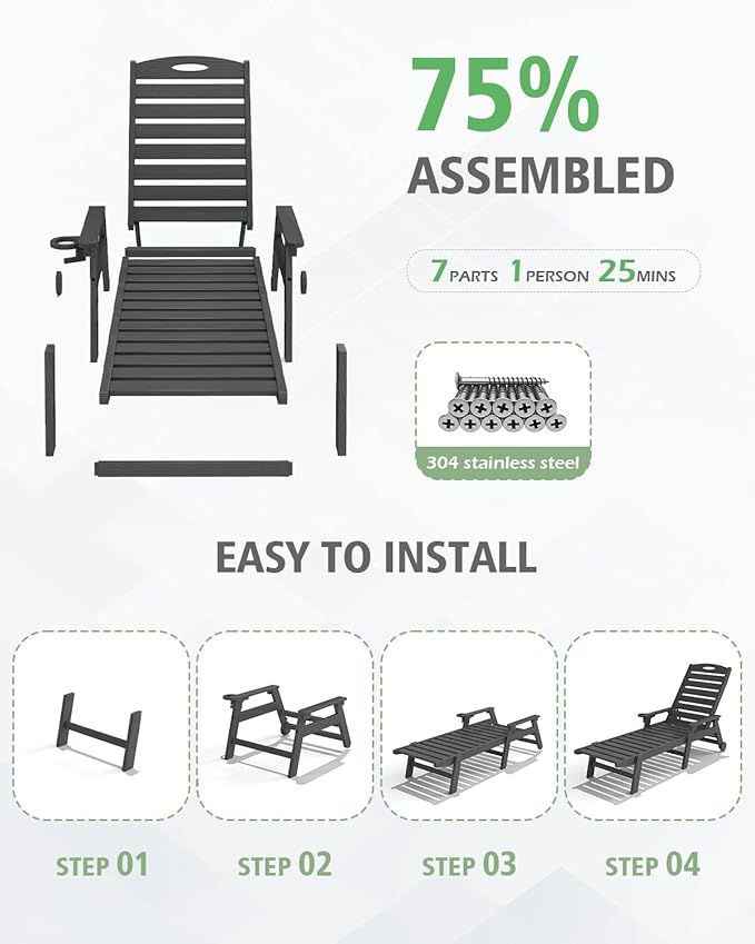 Domi Outdoor Lounge Chairs Set of 2, HDPE Pool Chaise Lounge Chairs for Poolside, Pool Loungers for Outside, Patio, Sunbathing Tanning, Grey