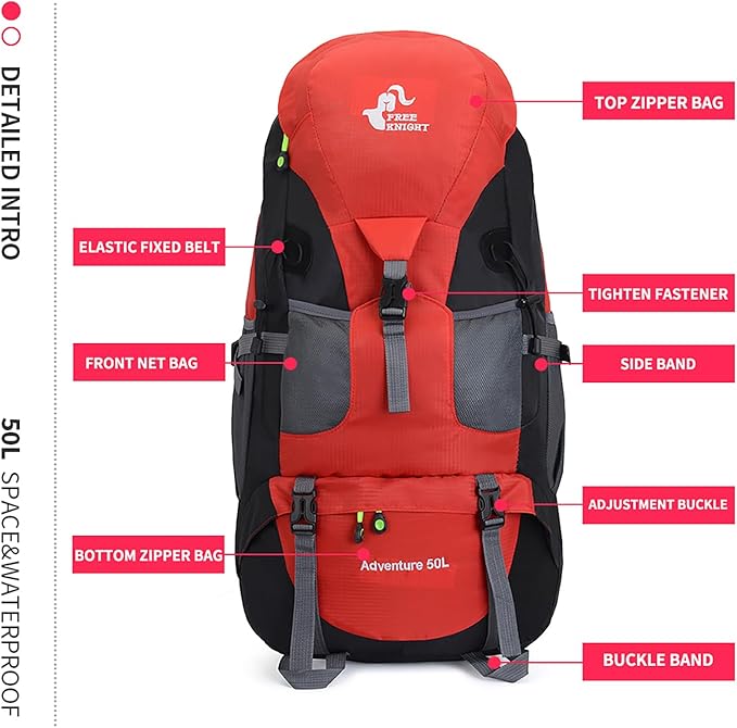 Bseash 50L Hiking Backpack, Water Resistant Lightweight Outdoor Sport Daypack Travel Bag for Camping Climbing Skiing Cycling (Red - No Shoe Compartment)