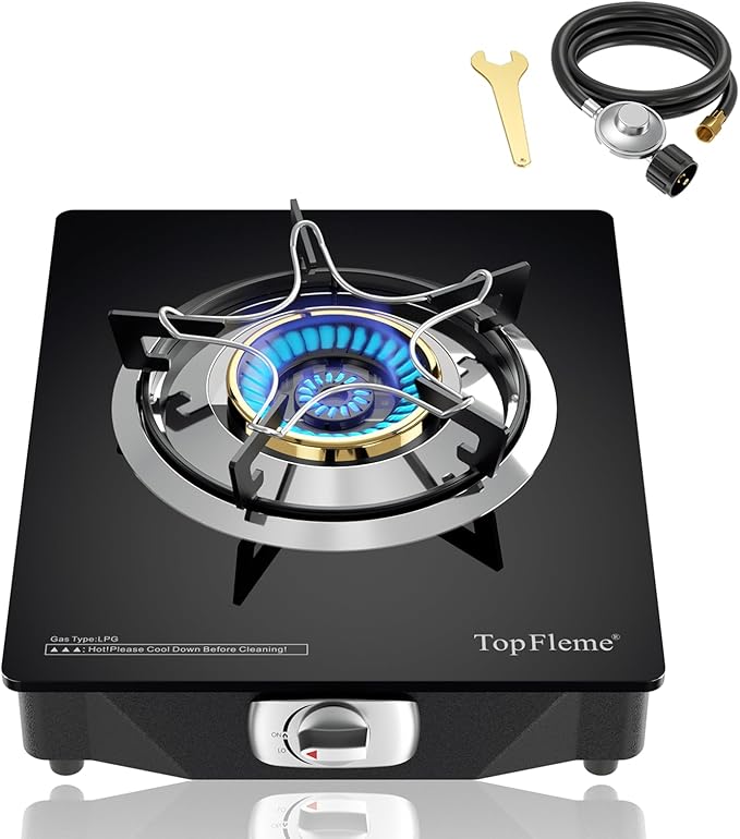 1 Burner Propane Stove 13,600 BTU High-Efficiency Tempered Glass Auto-Ignition Gas Burner Stove Top with CSA Hose for Outdoor RV Camping Emergency Cooking