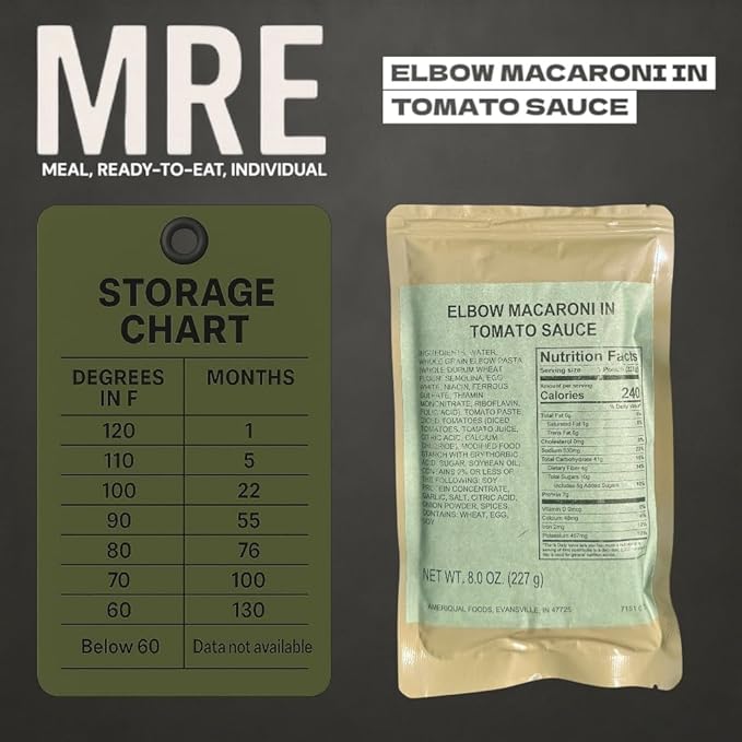 MRE (Meal-Ready-to-Eat) | Single Serving Entree | Emergency Meals | Survival Food | Fresh Dates | Long Shelf Life | Made in USA (3-Pack, Elbow Macaroni in Tomato Sauce)