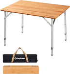 KingCamp Bamboo Folding Table Environmental Camping Table with Adjustable Height Aluminum Legs Heavy Duty 4-Folds Portable Camp Tables for Travel, Picnic, Party, Beach, 1-2 People