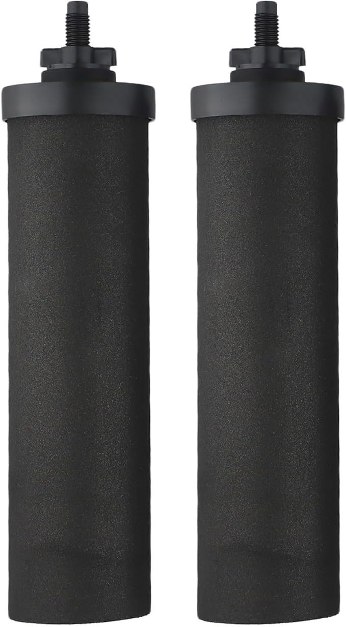 NSF Certified Activated Carbon Water Filter Elements, 2-Pack Coconut Shell Cartridges for Outdoor Camping and Hiking, Removes Sediment Rust Heavy Metals, 2.25x9.75 Inch, Black