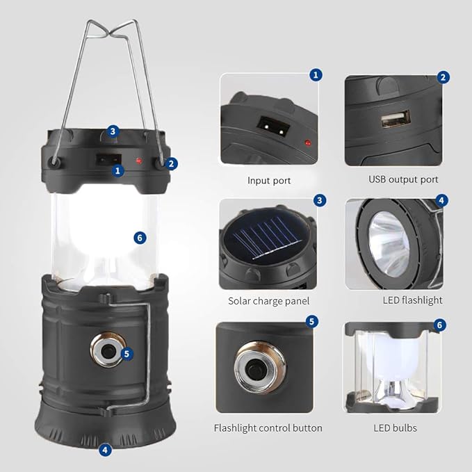 LED Camping Lantern, Solar and Rechargeable Lantern Flashlight Collapsible and Portable Light for Daily/Camp/Hiking/Night Fishing/Emergency/Hurricanes/Storm(Black, 1 Pack)