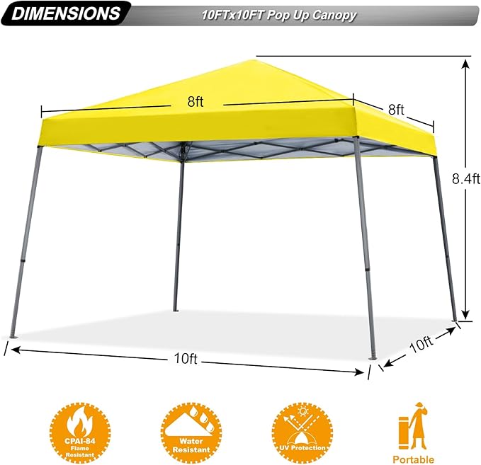 ABCCANOPY Stable Pop up Outdoor Canopy Tent 10 x 10 ft Base / 8 x 8 ft Top, Yellow