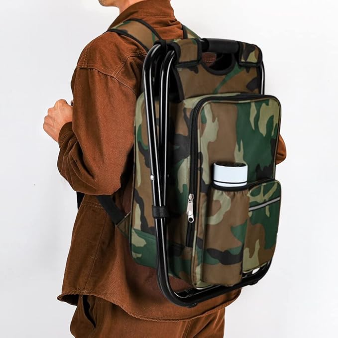 Portable Hiking Camouflage Camping Stool, Folding Camping Chair Stool Backpack with Cooler Insulated Picnic Bag