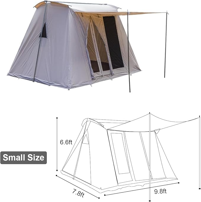 UNISTRENGH Waterproof Cotton Canvas Cabin Tent 4 Season Outdoor Family Camping Tent Shelters with Awning & Extra Wide Mesh Doors