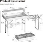 Two Tier Ice Cooler Table with Led Light, 4 Foot Outdoor Ice Table with Foldable Extension Stand, Matching Skirt & Drain Hose, Folding Cooler Server with Metal Shelf for Party, BBQ, Camping