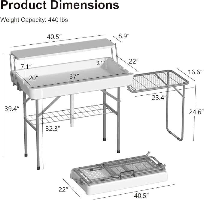 Two Tier Ice Cooler Table with Foldable Extension Stand, 4 Foot Outdoor Ice Table with Matching Skirt & Drain Hose, Folding Cooler Server with Metal Shelf for Party, BBQ, Camping Picnic, White