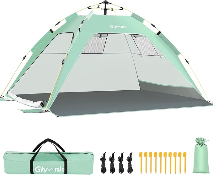 Glymnis Pop Up Beach Tent Sun Shade Shelter for 3-4 Person with UPF 50+, Lightweight & Easy Setup, Vent Windows & Zippered Door, Extended Floor Family Instant Beach Tent