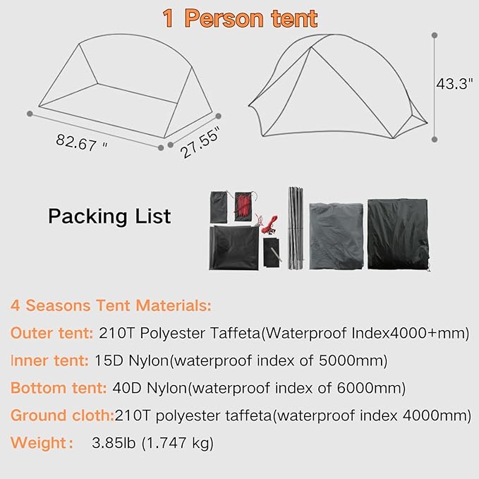 3F UL Gear Waterproof 1/2Person Camping Tent, Windproof Outdoor 3/4Seasons Tent, Portable Camping & Hiking Tent Shelter for Backpacking