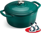 Overmont Enameled Cast Iron Dutch Oven - 5.5QT Pot with Lid Cookbook & Cotton Potholders - Heavy-Duty Cookware for Braising, Stews, Roasting, Bread Baking Bottle green