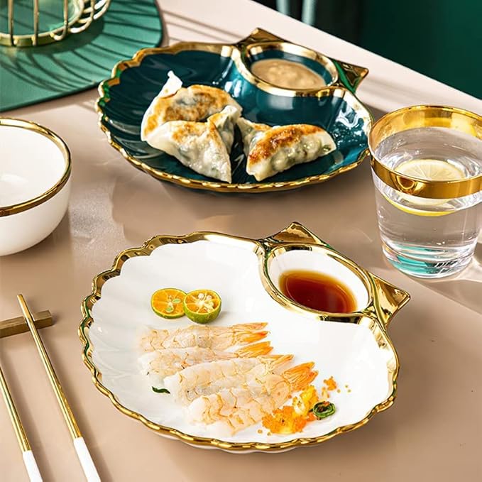 Tableware Set,Green Gold Rim Ceramic Dinner Plate Shell Breakfast Snack Dumpling Dishes Food Salad Noodle Bowl Soup Chopsticks Tableware Set