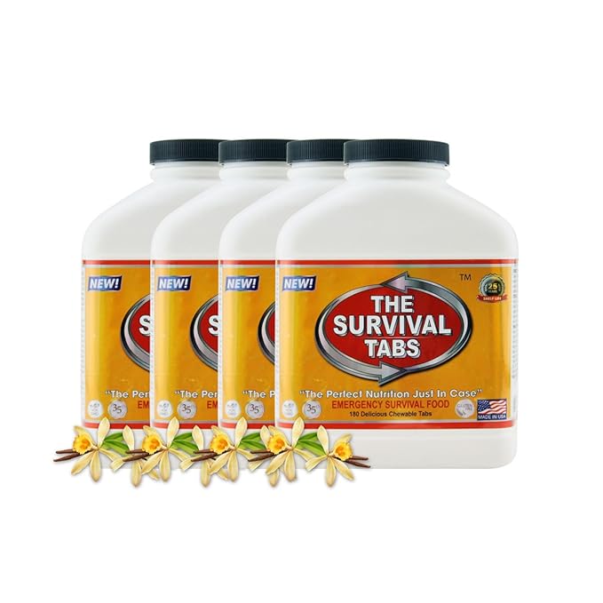 Emergency Food Survival Protein Substitute MRE Tabs - Vitality Sciences Survival tabs (8 Week Supply) (4 Bottle x 180 Tablets = 720 Tablets/Vanilla)