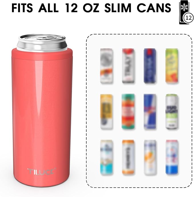 TILUCK Skinny Can Cooler for Slim Beer & Hard Seltzer, Stainless Steel, Doucle-Walled Stainless Steel Insulated Slim Cans, Standard 12 oz (Glitter Coral)