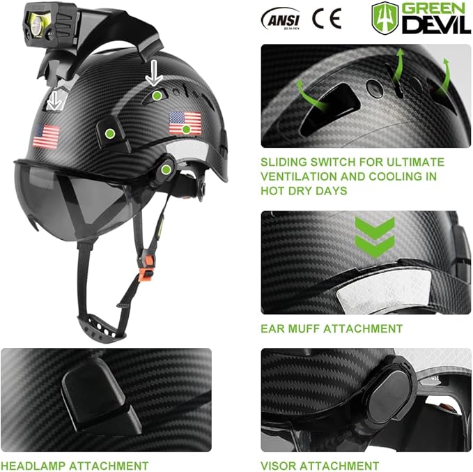 GREEN DEVIL Safety Hard Hat with Rechargeable Headlamp Light and Helmet Liner Chin Strap Men Vented Work Hardhats ANSI Z89.1 Approved Cascos de Construccion Ideal for Industrial Construction Forestry