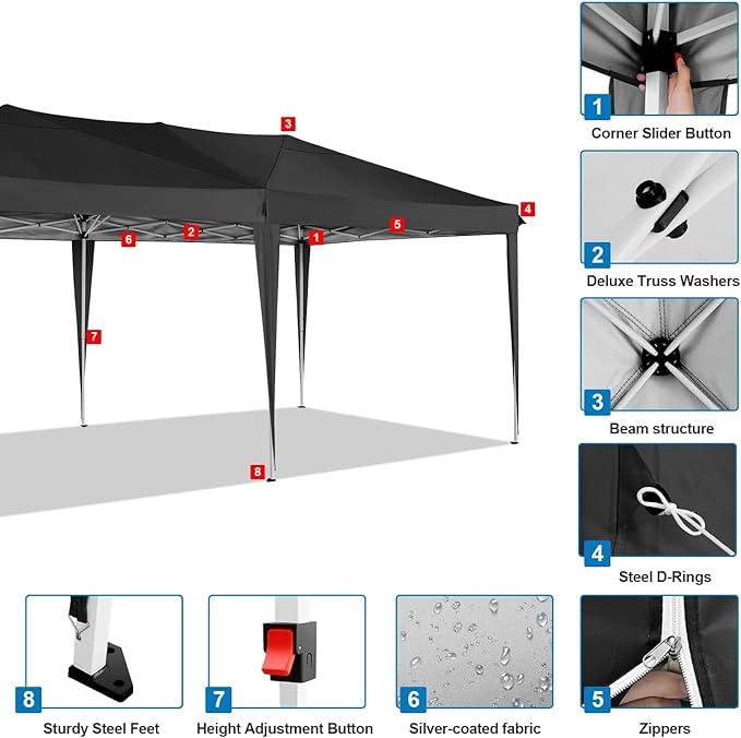 COBIZI 10x20 Pop Up Canopy Tent Commercial Instant Shelter with 6 Sidewalls, Durable Waterproof Portable Gazebo UPF 50+ for Outdoor Party, Wedding, Vendor Events (Black)