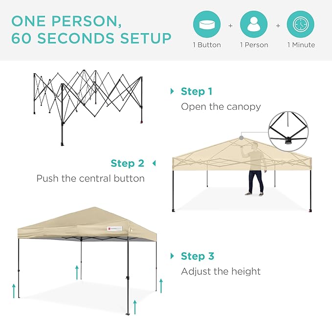 Best Choice Products 12x12ft Pop Up Canopy Tent, Outdoor Shade, 1 Person 1 Minute Set Up, Carry Case, 4 Weight Bags - Sand