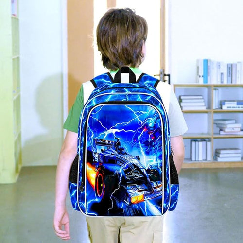 17" Cars Backpack for Boy, 3Pcs Lightning Bookbag for Elementary Preschool Kindergarten, Kids School Backpacks with Lunch Box (Blue)