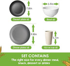 Teivio 32-Piece Kitchen Plastic Wheat Straw Dinnerware Set, Service for 8, Dinner Plates, Dessert Plate, Cereal Bowls, Cups, Unbreakable Colorful Plastic Outdoor Camping Dishes, Stone